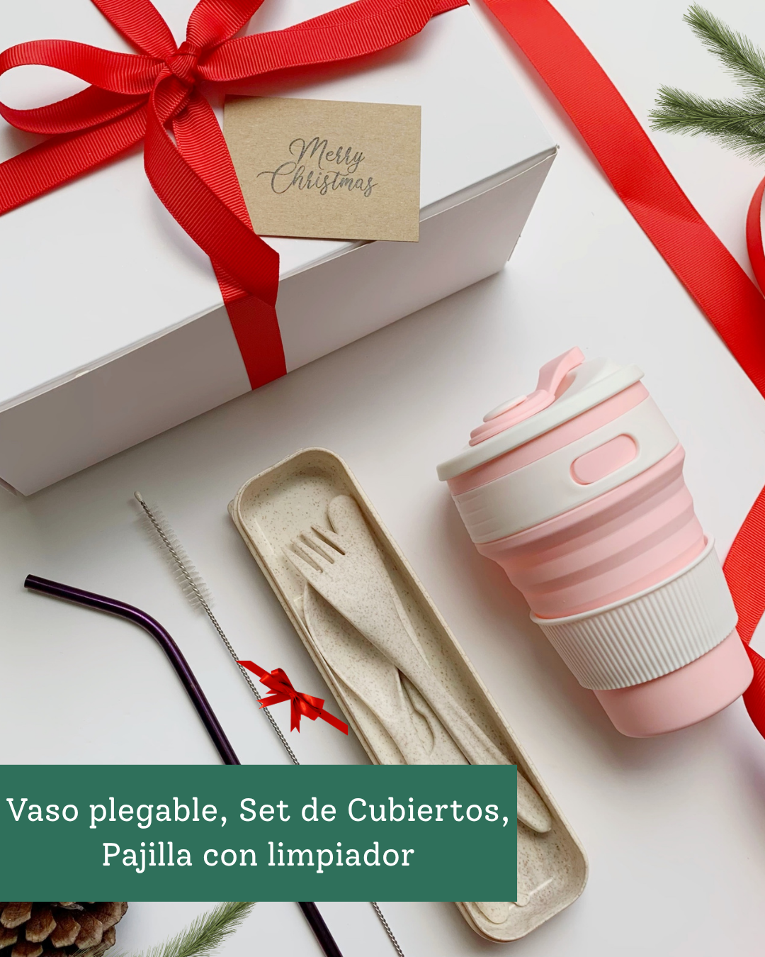 Kit de Regalo - Vaso plegable, Set de cubiertos y Pajilla de acero con limpiador