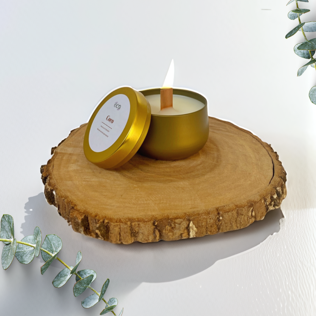 Vela de Cera de Soja Aroma Coco - Lata dorada