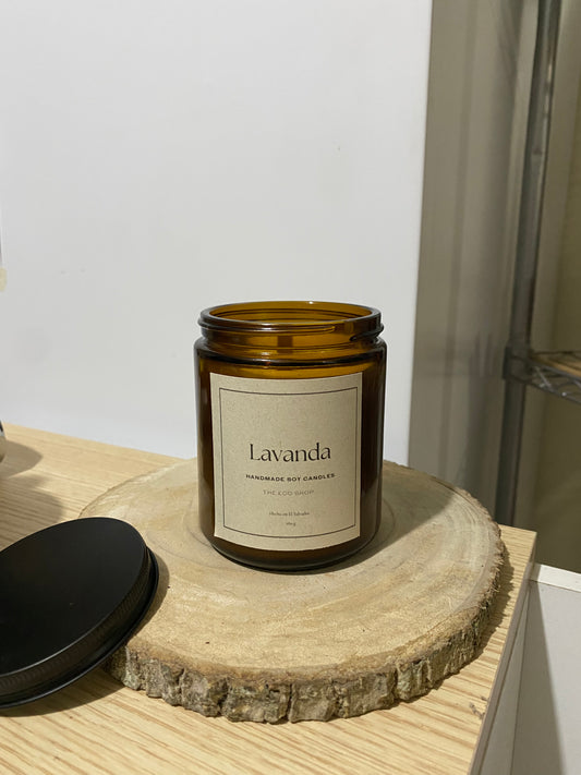 Vela de Cera de Soja en frasco Ámbar- Lavanda