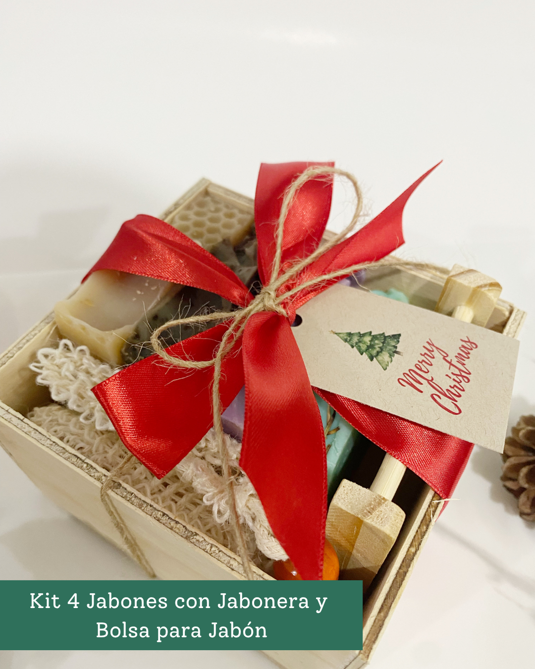 Kit de regalo 4 jabones con jabonera y bolsa para jabón en caja de madera