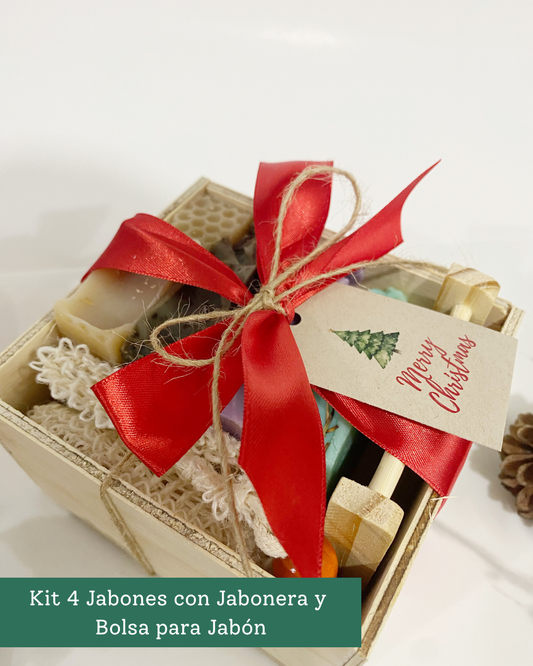 Kit de regalo 4 jabones con jabonera y bolsa para jabón en caja de madera